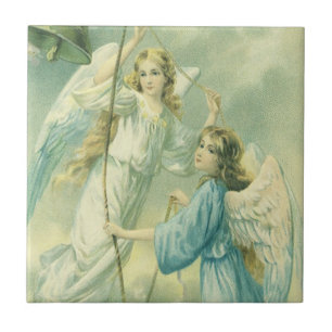 Carreau Noël vintage, anges victoriens avec une cloche