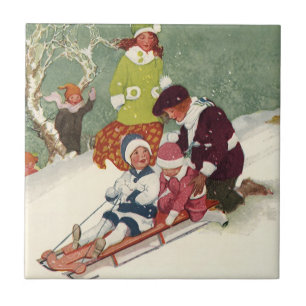 Carreau Noël vintage, Enfants dormant dans la neige