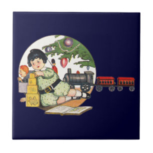Carreau Noël Vintage, Garçon Heureux Jouant avec des Jouet