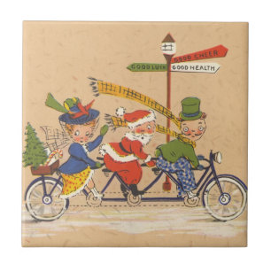 Carreau Noël vintage, Père Noël à vélo