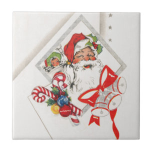 Carreau Noël vintage, Père Noël avec cannes de bonbon