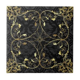 Carreau Noir & Or Elegant Floral Damask Modèle 2