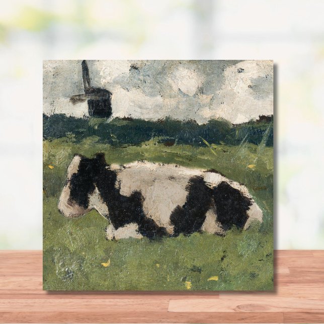 Carreau Noir rustique + Vache blanche et moulin à vent Art (An elegant cow and windmill tile is a great touch for a modern farmhouse or country cottage.)