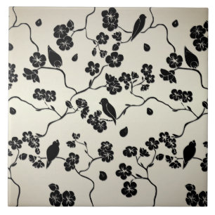 Carreau Noir sur les oiseaux Motifs de bronze et fleurs de