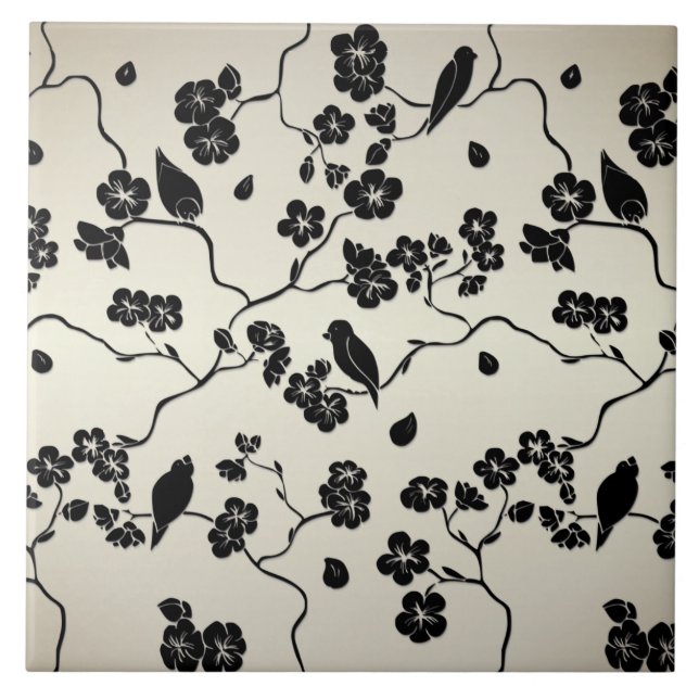 Carreau Noir sur les oiseaux Motifs de bronze et fleurs de (Devant)