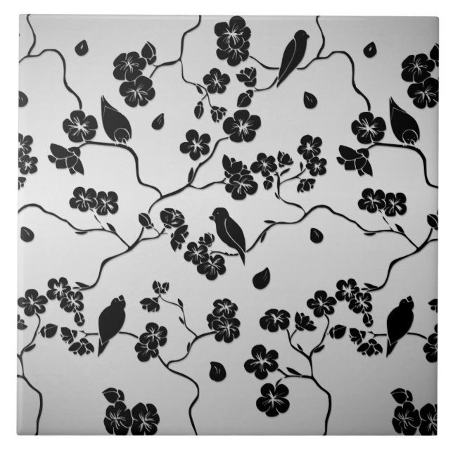 Carreau Noir sur les oiseaux Motifs en argent et fleurs de (Devant)