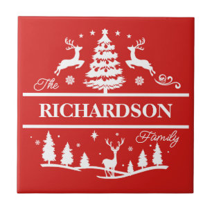 Carreau Nom de famille personnalisé de Noël rouge   Vacanc