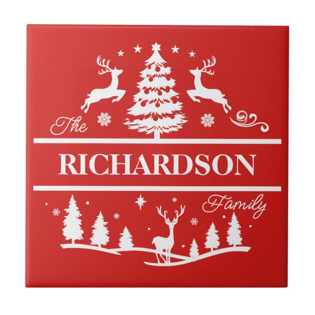 Carreau Nom de famille personnalisé de Noël rouge | Vacanc (Devant)