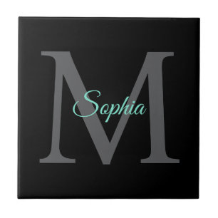 Carreau Nom du script turquoise, Monogramme gris grand sur