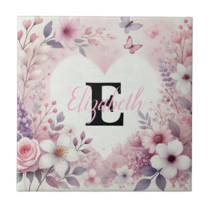Carreau Nom monogramme coeur floral amoureux aquarelle