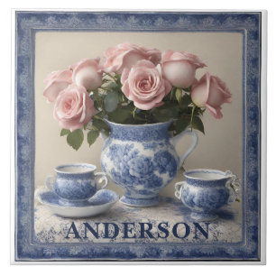 Carreau Nom personnalisé Vase Fleurs bleues Delft