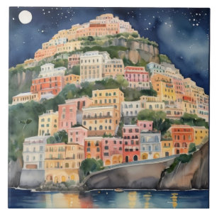Carreau Nuit Positano, Italie, Côte Italienne Aquarelle