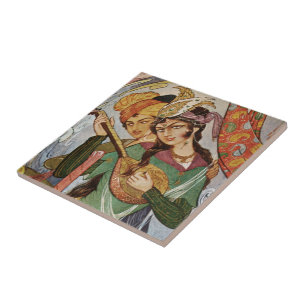 Carreau Nymphe persane avec setar