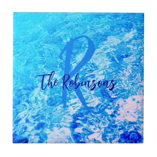 Carreau Océan bleu turquoise Modèle nom de famille initial (Devant)