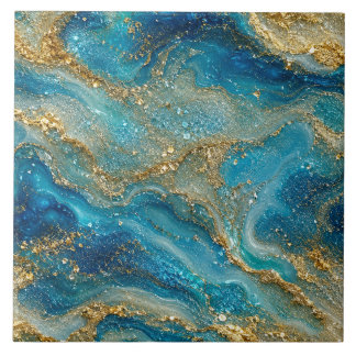 Carreau Ocean Gold Flow – Abstrait Bleu Turquoise Luxueux