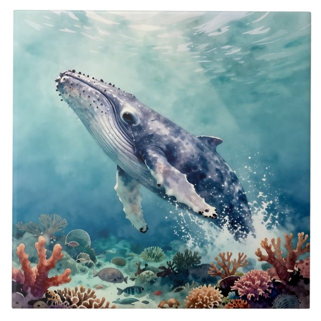 Carreau Oceanic Blue Whale Watercolor Coastal Art (Devant)