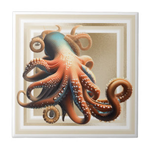 Carreau Octopus bleu orange 3D plage d'or nautique chic