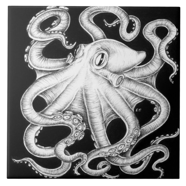 Carreau Octopus Encre Noire Et Blanche (Devant)