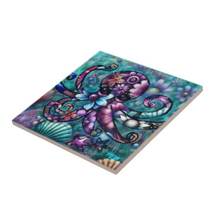 Carreau Octopus lunaire Floral Turquoise Purple Bleu Côte