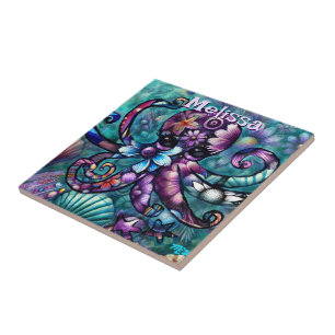Carreau Octopus lunaire Turquoise floral côtier Personnali