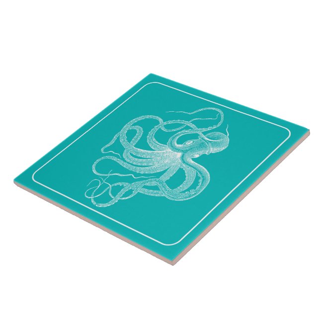 Carreau Octopus marine Vintage blanc sur turquoise (Côté)
