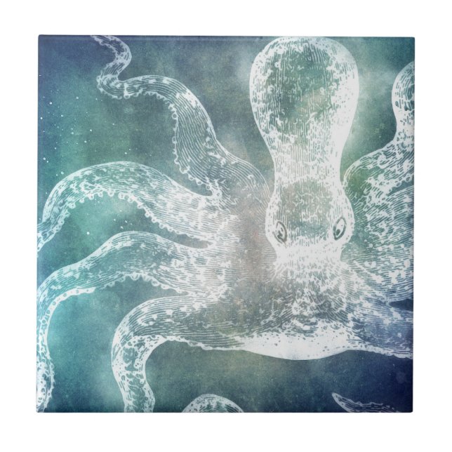 Carreau Octopus Midnight Blue Aquarelle Turquoise Art Vint (Devant)