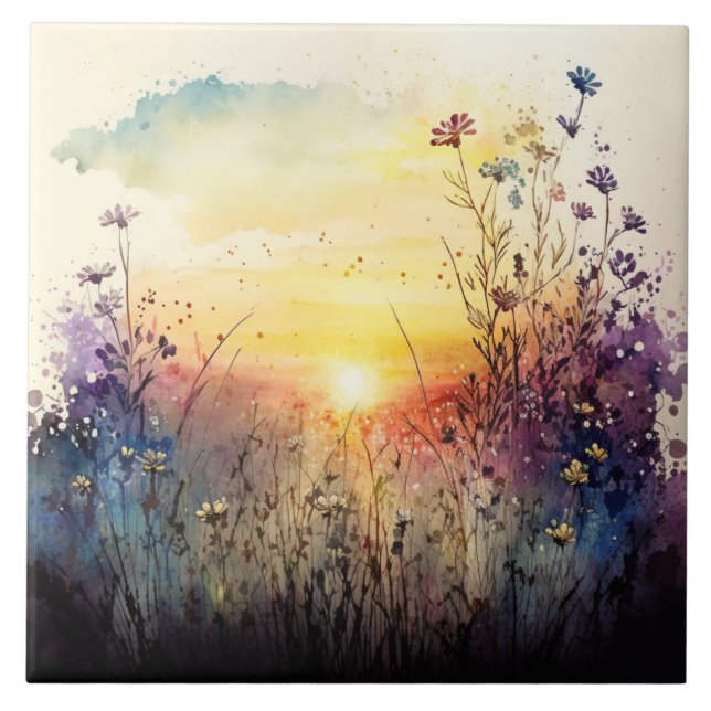 Carreau Œuvre d'art à l'aquarelle sur le coucher de soleil (Devant)