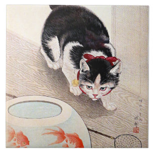 Carreau Œuvre d'art Bowl de poisson rouge et chat,