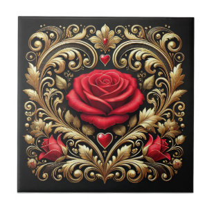 Carreau Oeuvre luxueuse Red Rose et Gold Heart