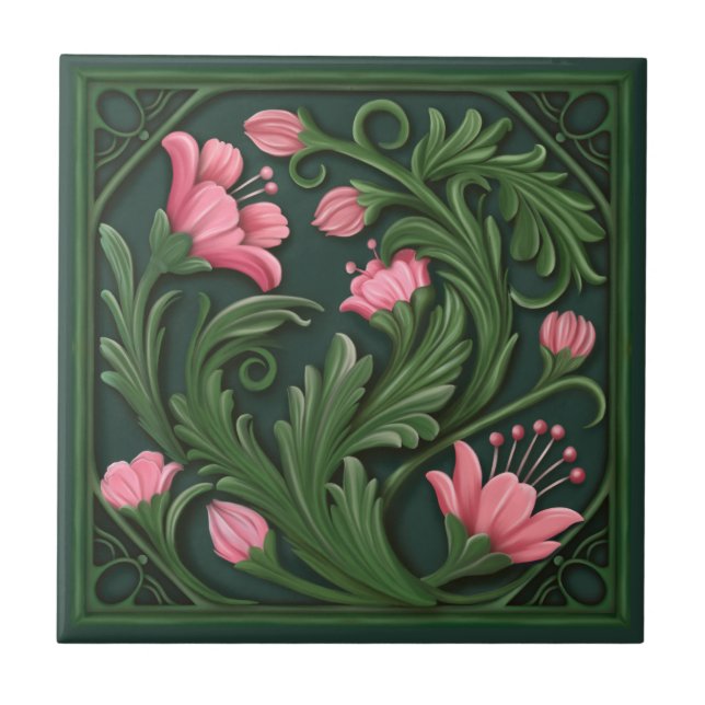 Carreau Oeuvre originale Fleurs vertes et roses (Devant)