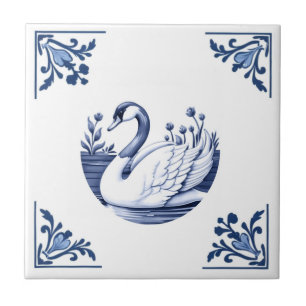 Carreau Oie Delft Bleu et blanc Coins floraux Oiseaux