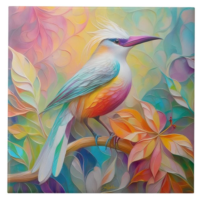 Carreau Oiseau à poitrine rouge à bec rose (Devant)