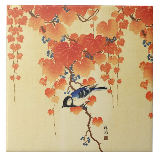 Carreau Oiseau bleu Tit, Branche de Paulownia, Feuilles ro (Devant)