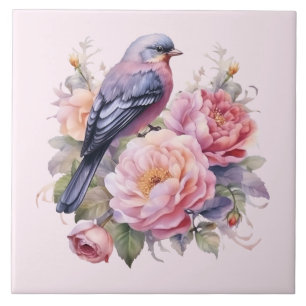 Carreau Oiseau chanteur debout sur des pivoines roses