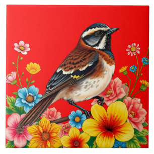 Carreau Oiseau Coloré Perché Parmi Les Fleurs