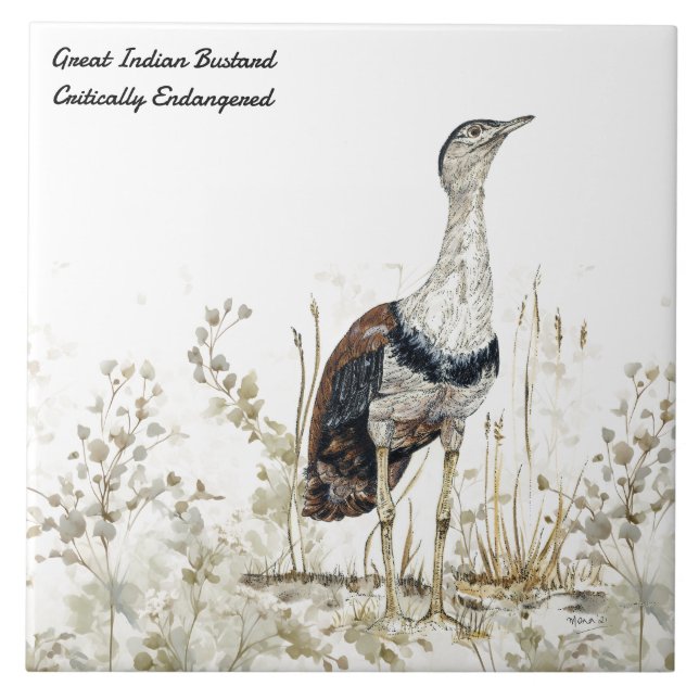 Carreau Oiseau de Bustard indien peint à la main (Devant)