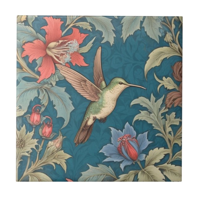 Carreau Oiseau de colibri vert William Morris style droit (Devant)