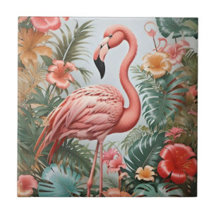 Carreau Oiseau de Flamant rose rose élégant et fleurs trop