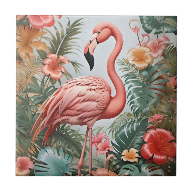 Carreau Oiseau de Flamant rose rose élégant et fleurs trop (Devant)