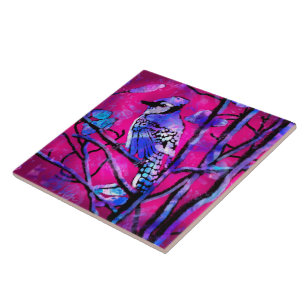 Carreau Oiseau de Jay Bleu sur branche d'arbre Art Abstrai