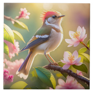 Carreau Oiseau de Paruline Imaginaire à tête rouge