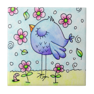 Carreau Oiseau Et Fleurs Bleus Whimsical