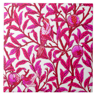 Carreau Oiseau et grenade Art Nouveau, rose Fuchsia