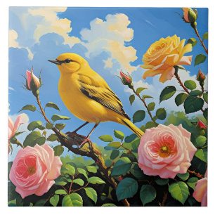 Carreau Oiseau jaune coloré et jolies roses roses