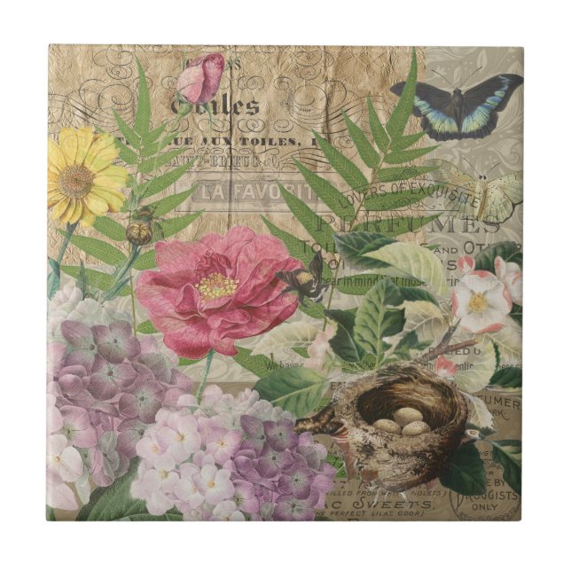 Carreau Oiseau Nid Floral Jardin Fleur Papillon Art (Devant)