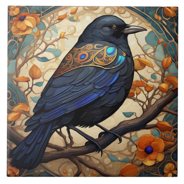 Carreau Oiseau noir fantaisie dans un style Art Nouveau Ar (Devant)
