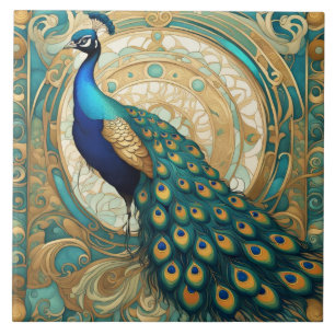 Carreau Oiseau Peacock turquoise d'or Art Nouveau Art Déco