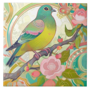 Carreau Oiseau rose Pigeon vert Fleurs de printemps floral