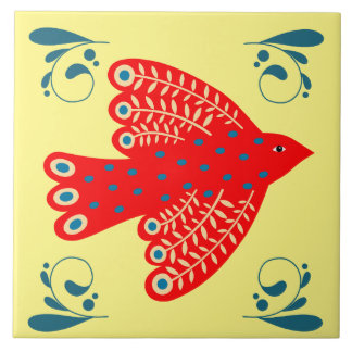 Carreau oiseau rouge folklorique sur fond jaune Gauche