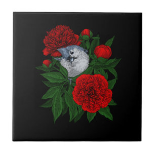 Carreau Oiseau sur un bouquet de pivoine rouge